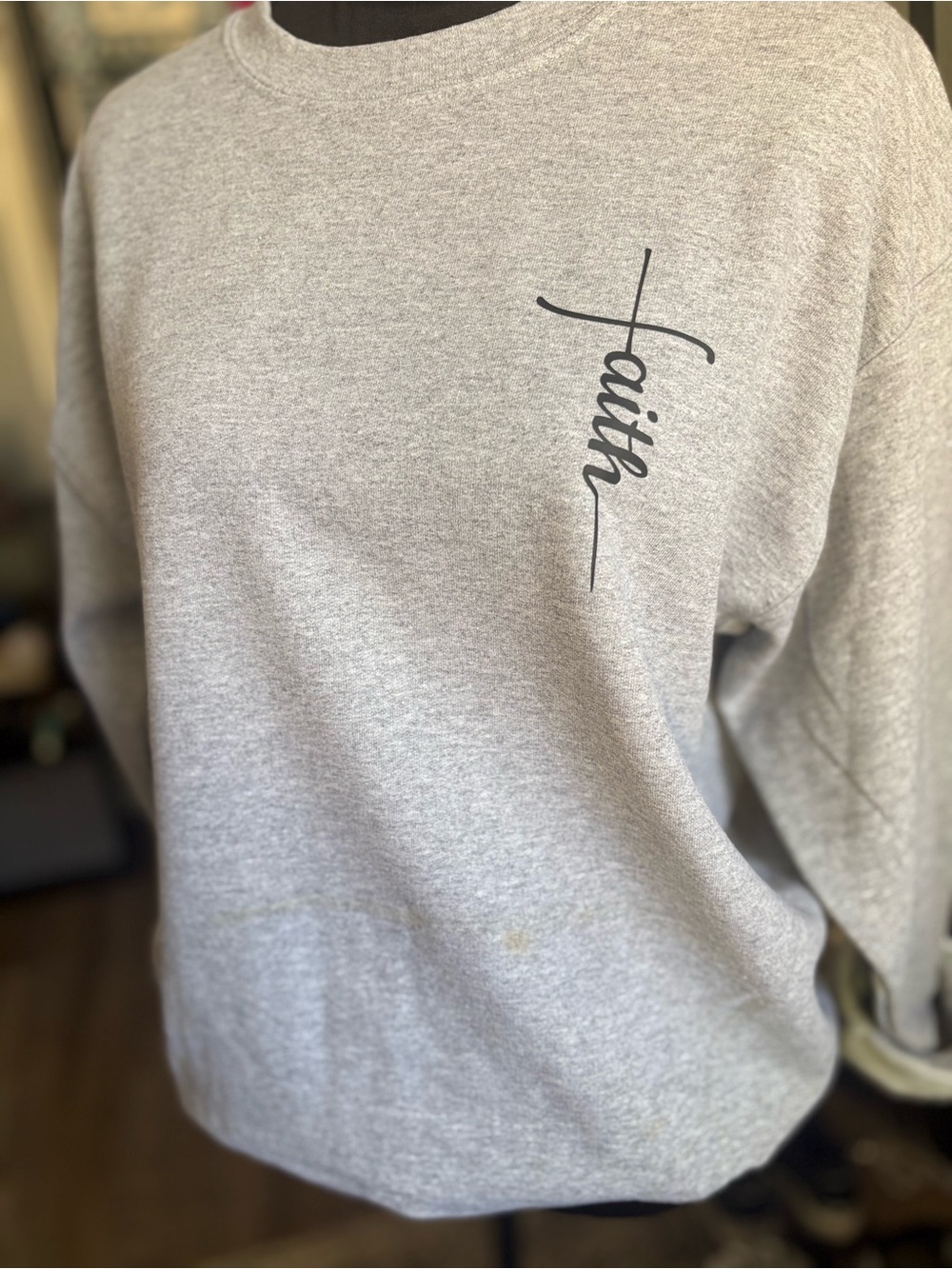 Women's Gray Crewneck Sweater with 'Faith' Script